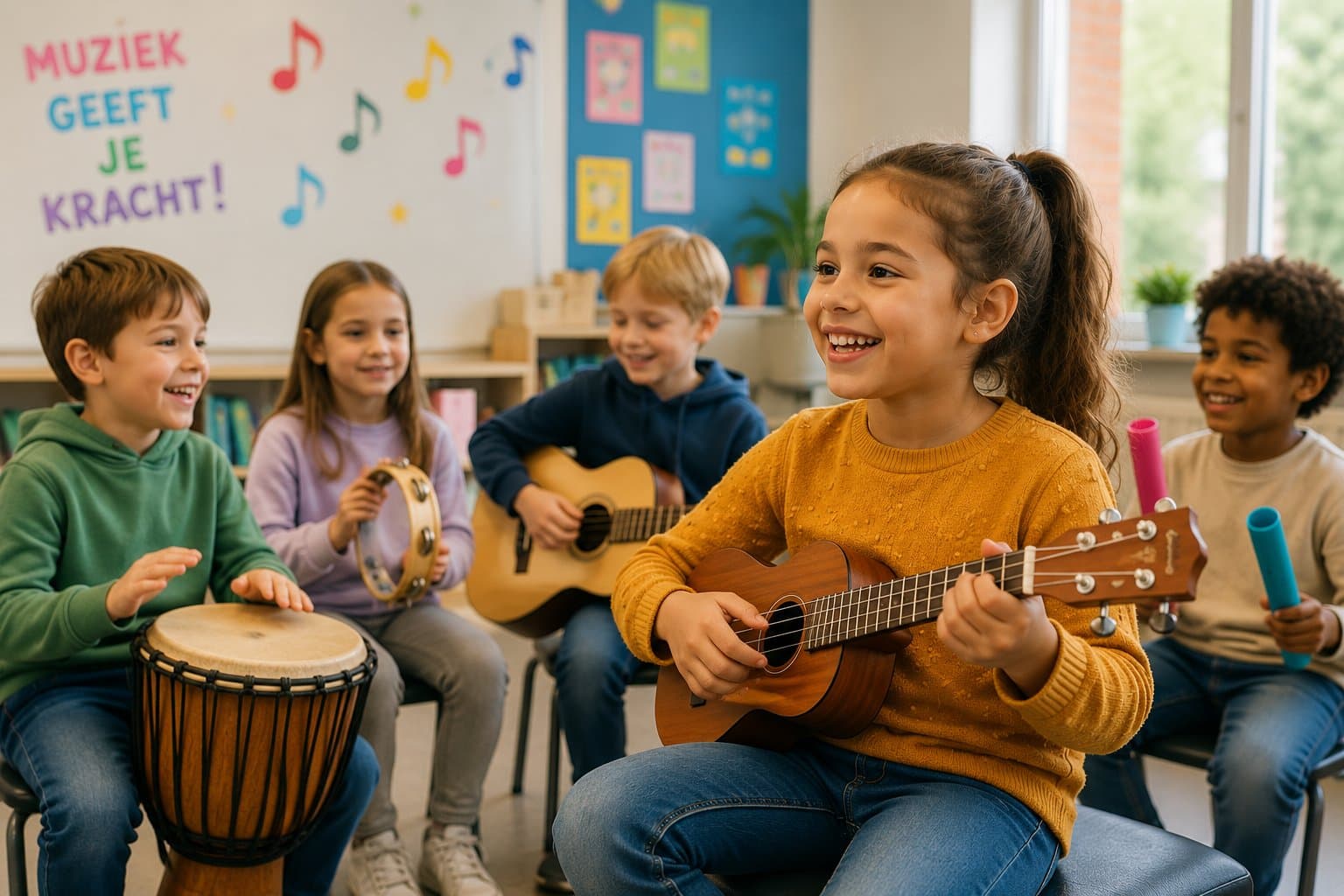 Kinderen spelen lachend ukulele, gitaar, djembé en tamboerijn in de klas