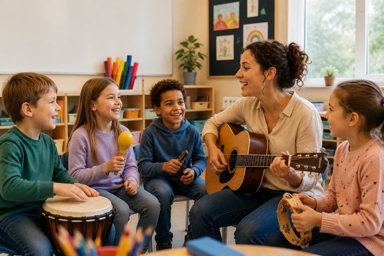 Een leerkracht speelt gitaar en zingt samen met een kring kinderen met instrumenten
