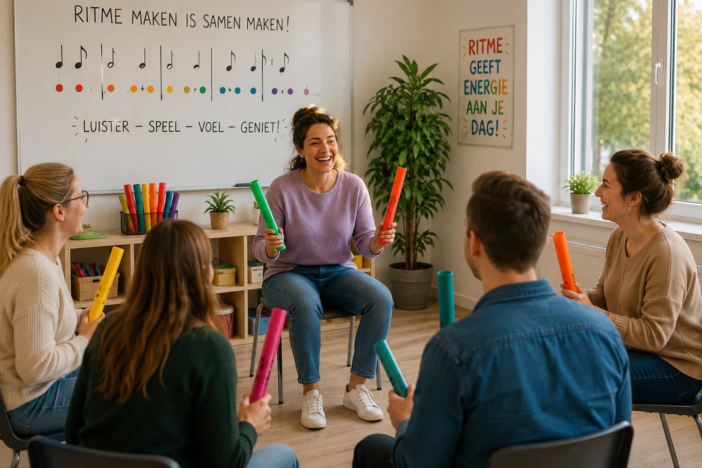Een groep leerkrachten maakt samen ritmes met gekleurde BoomWhackers