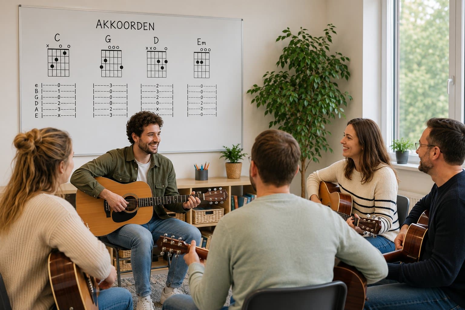 Leerkrachten oefenen gitaarakkoorden onder begeleiding van een trainer