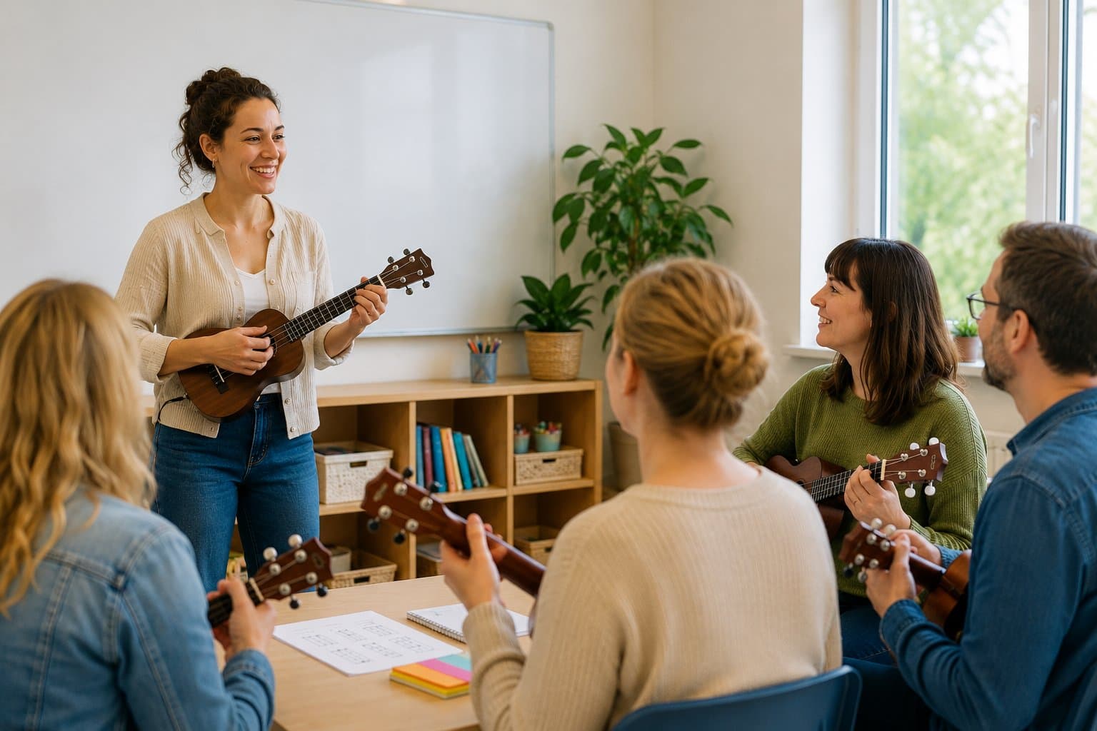 Een trainer legt ukulele-akkoorden uit aan een groep leerkrachten